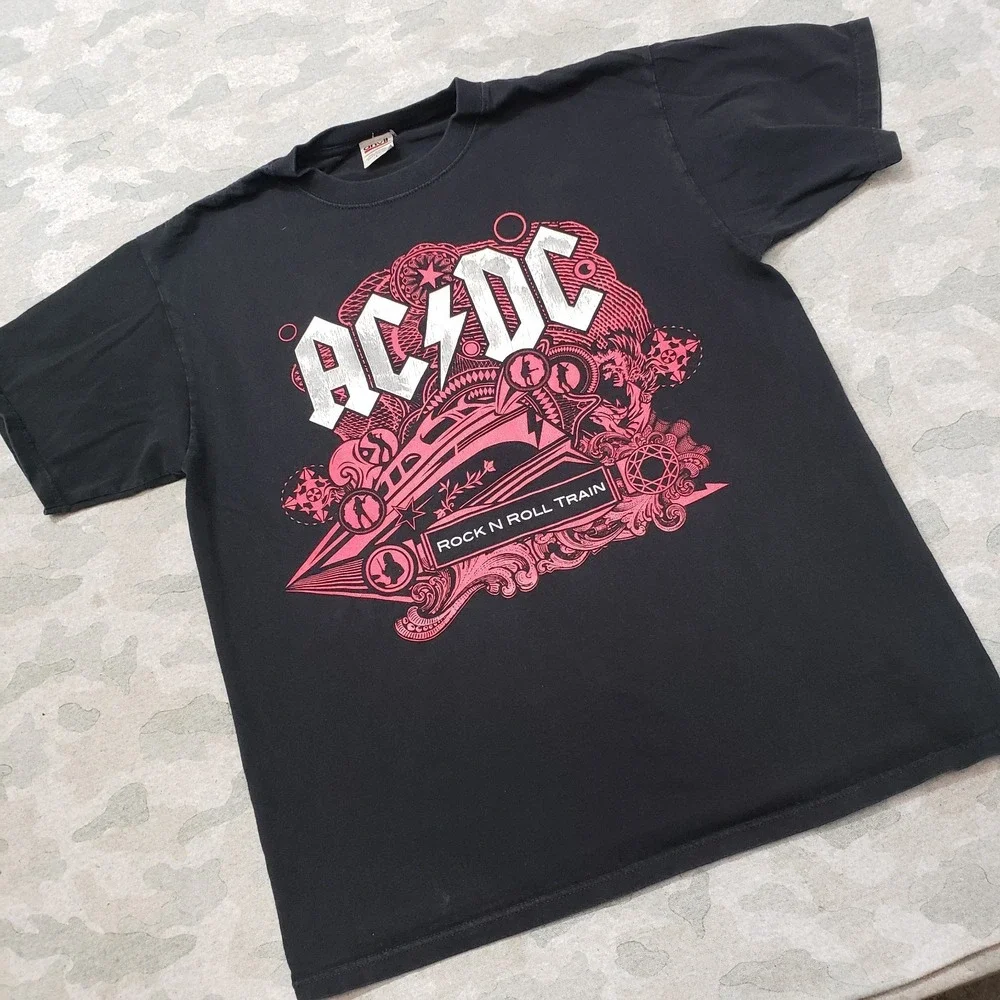 Vintage AC DC Shirt Mens Large Black Anvil Rock n Roll Train‎ Short Sleeve